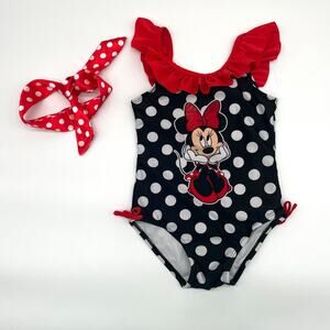 DISNEY Minnie Mouse 4T Girl's One Piece Swimsuit + Hair Ribbon